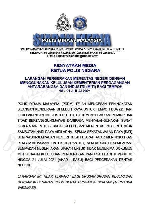 LARANGAN RENTAS NEGERI GUNA SURAT MITI BERMULA HARI INI HINGGA RABU - SAHIH