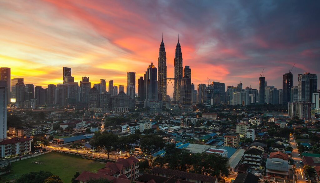 village buildings sunrise skyscrapers